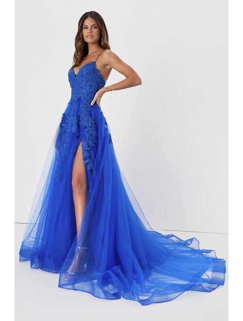 Lulus Everlasting Enchantment Royal Blue Embroidered Tulle Maxi Dress