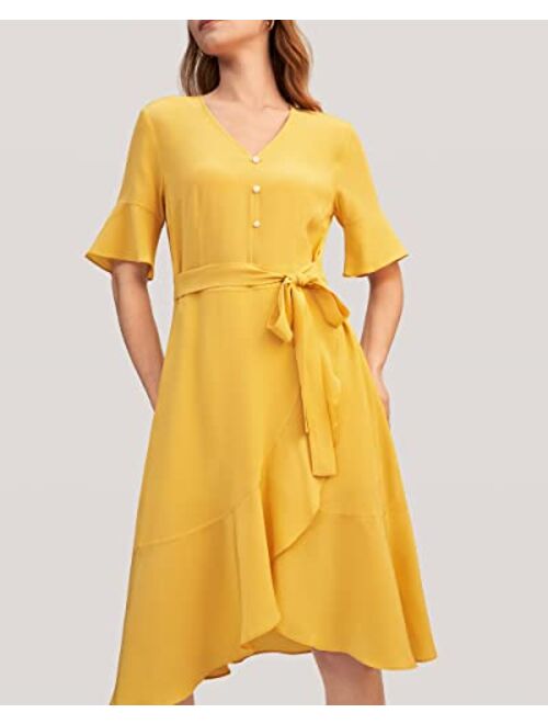 LilySilk Ties Silk Dress for Women Wrap Long Tunic Vintage Ruffle Trim V Neck Prom Summer Soft