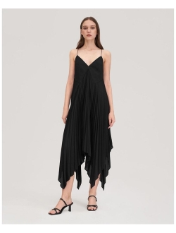 Womens Silk Dress Ladies Deep V-Neckline Sleeveless Pleated Solid Sexy Evening Gowns for Party Prom Cocktail