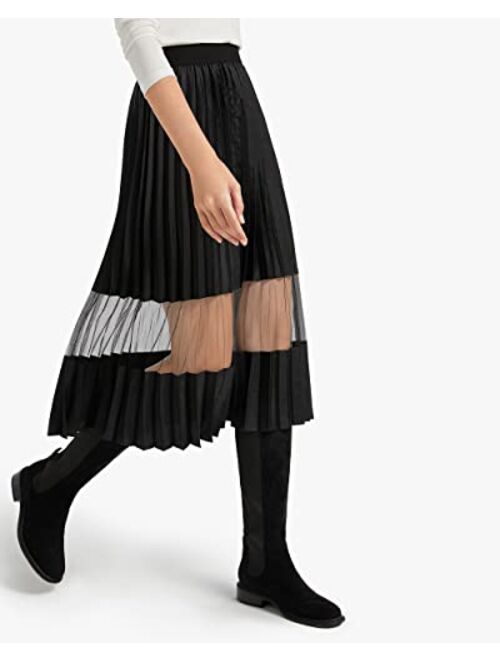 LilySilk X MIM Women's Plisse Pleated Silk Skirts with Mesh Insert Elastic High Waist Casual Skirt