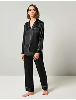 Women's Silk Pajamas Set Rhinestone Trimmed Long Sleeve Sleepwear 22 Momme 100% Silk Button Down Loungewear Pjs Set