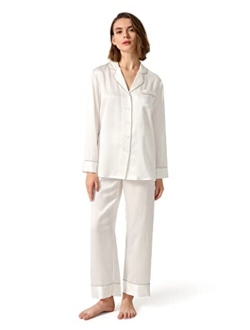 Women's Silk Pajamas Set Rhinestone Trimmed Long Sleeve Sleepwear 22 Momme 100% Silk Button Down Loungewear Pjs Set