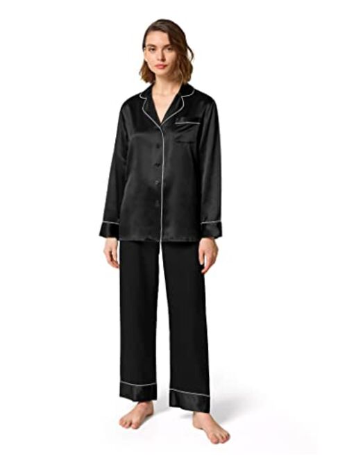 LilySilk Women's Silk Pajamas Set Rhinestone Trimmed Long Sleeve Sleepwear 22 Momme 100% Silk Button Down Loungewear Pjs Set