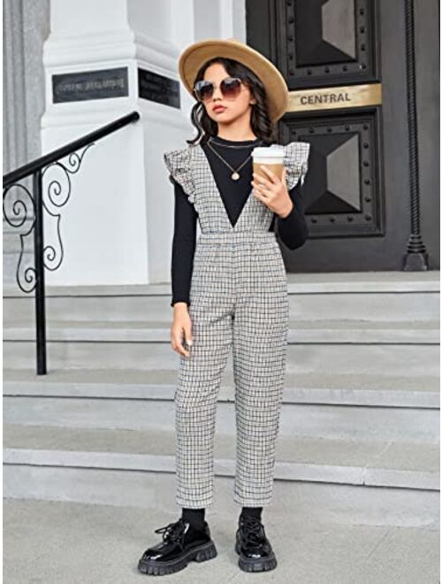 WDIRARA Girl's Plaid Print Ruffle Trim Deep V Neck Sleeveless Long Pants Jumpsuits
