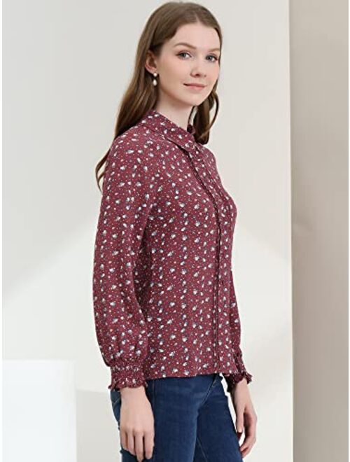 Allegra K Women's Casual Point Collar Long Sleeve Blouse Floral Button Down Shirt