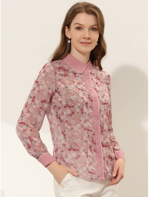 Allegra K Women's Button Down Shirt Long Sleeve Contrast Collar Floral Blouse Top