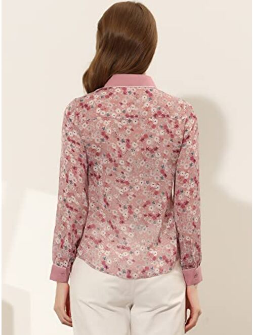 Allegra K Women's Button Down Shirt Long Sleeve Contrast Collar Floral Blouse Top