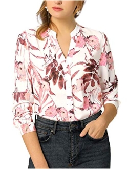 Women's Chiffon Floral Tops V Neck Long Sleeve Button-Up Blouse Shirt
