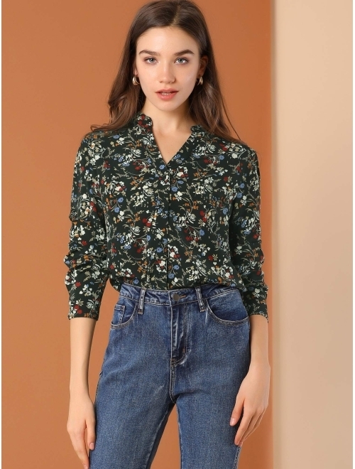Allegra K Women's Chiffon Floral Tops V Neck Long Sleeve Button-Up Blouse Shirt