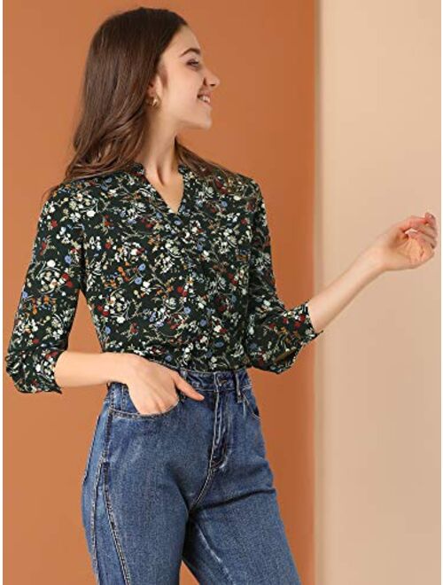 Allegra K Women's Chiffon Floral Tops V Neck Long Sleeve Button-Up Blouse Shirt