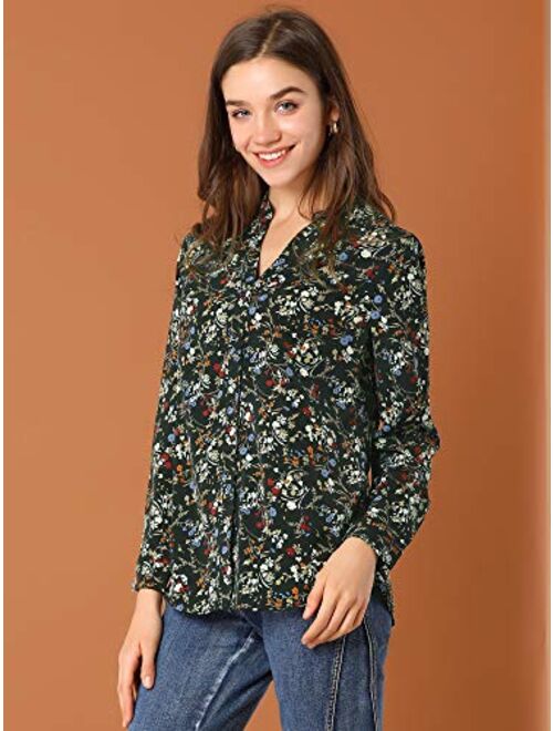 Allegra K Women's Chiffon Floral Tops V Neck Long Sleeve Button-Up Blouse Shirt