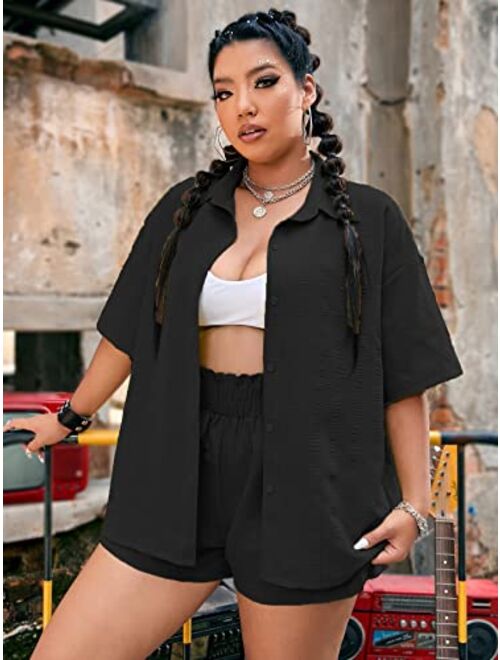 MakeMeChic Women's Plus Size Casual 2 Piece Outfits Long Sleeve Button Down Blouse and Shorts Set