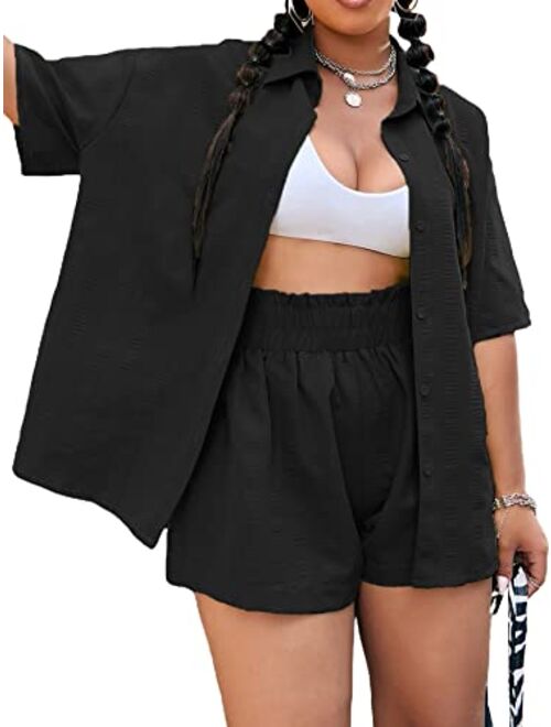 MakeMeChic Women's Plus Size Casual 2 Piece Outfits Long Sleeve Button Down Blouse and Shorts Set