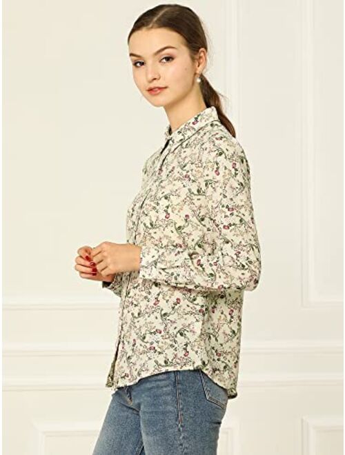 Allegra K Women's Button Down Floral Shirt Blouse Long Sleeve Point Collar Top