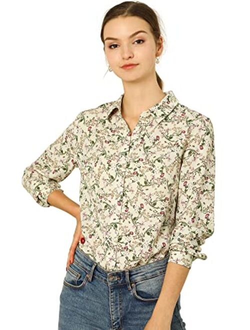 Allegra K Women's Button Down Floral Shirt Blouse Long Sleeve Point Collar Top