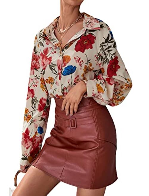 MakeMeChic Women's Long Sleeve Boho Floral Print Blouses Collar Button Down Shirts Tops