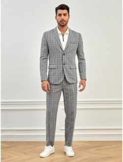 Men 1pc Plaid Lapel Collar Blazer & 1pc Suit Pants