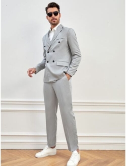 Men Striped Print Double Breasted Blazer & Suit Pants