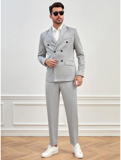 SHEIN Men Striped Print Double Breasted Blazer & Suit Pants
