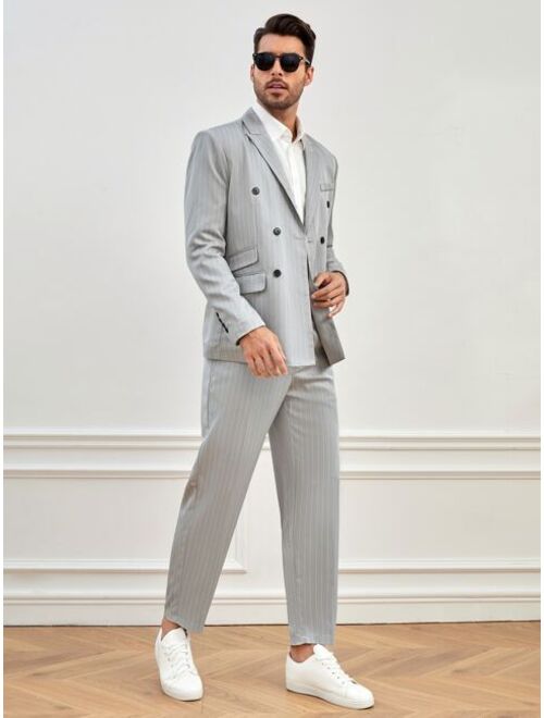 SHEIN Men Striped Print Double Breasted Blazer & Suit Pants