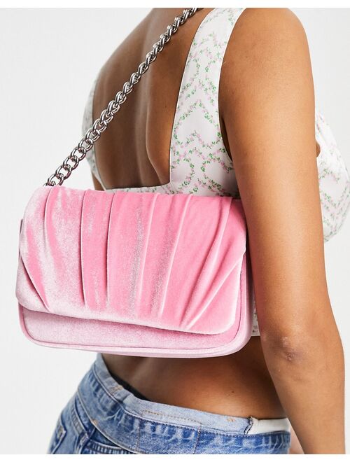 ASOS DESIGN shoulder bag with ruched flap in pink velvet