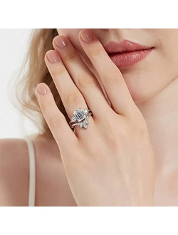 Sterling Silver 3-Stone Wedding Engagement Rings Emerald Cut Cubic Zirconia CZ Anniversary Promise Ring for Women, Rhodium Plated Size 4-10