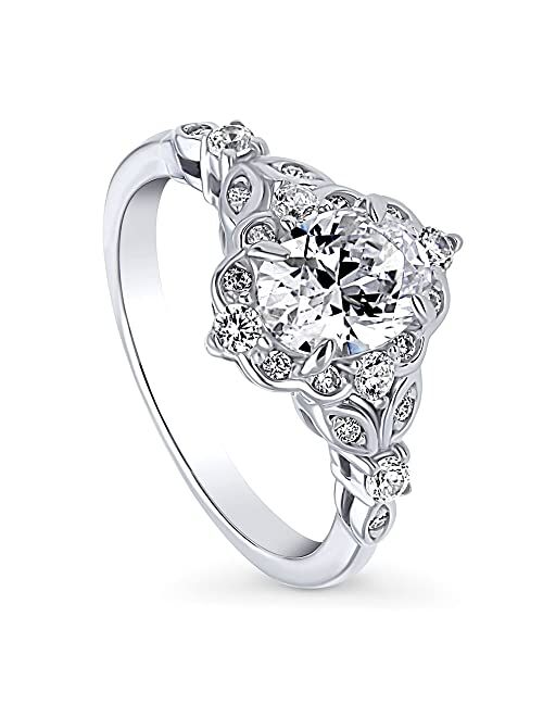 BERRICLE Sterling Silver Halo Wedding Engagement Rings Oval Cut Cubic Zirconia CZ Art Deco Ring for Women, Rhodium Plated Size 4-10