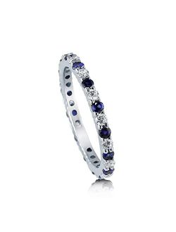 Sterling Silver Wedding Rings Simulated Blue Sapphire Pave Set Cubic Zirconia CZ Anniversary Eternity Ring for Women, Rhodium Plated Size 4-10
