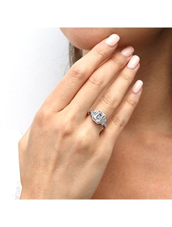 Sterling Silver 3-Stone Wedding Engagement Rings Step Emerald Cut Cubic Zirconia CZ Halo Ring for Women, Rhodium Plated Size 4-10