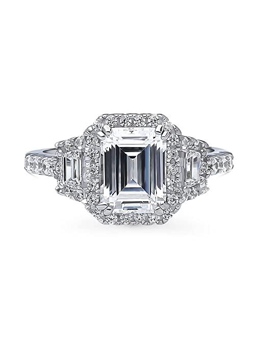 BERRICLE Sterling Silver 3-Stone Wedding Engagement Rings Step Emerald Cut Cubic Zirconia CZ Halo Ring for Women, Rhodium Plated Size 4-10