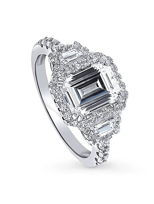 BERRICLE Sterling Silver 3-Stone Wedding Engagement Rings Step Emerald Cut Cubic Zirconia CZ Halo Ring for Women, Rhodium Plated Size 4-10
