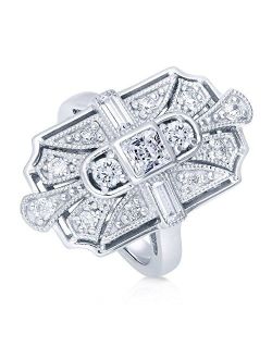 Sterling Silver Art Deco Cubic Zirconia CZ Statement Milgrain Cocktail Fashion Ring for Women, Rhodium Plated Size 4-10