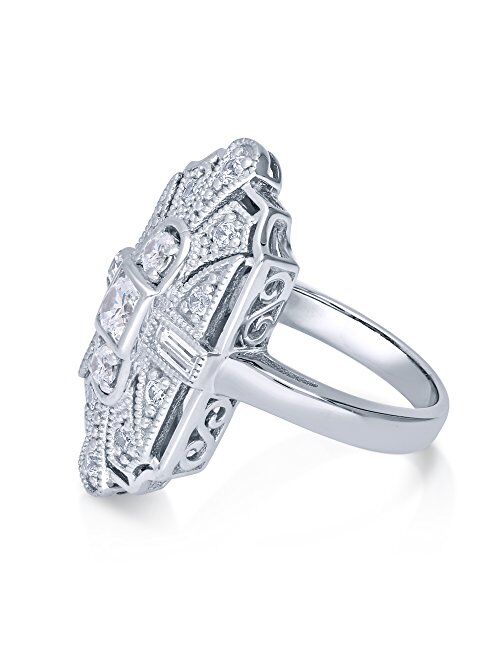 BERRICLE Sterling Silver Art Deco Cubic Zirconia CZ Statement Milgrain Cocktail Fashion Ring for Women, Rhodium Plated Size 4-10