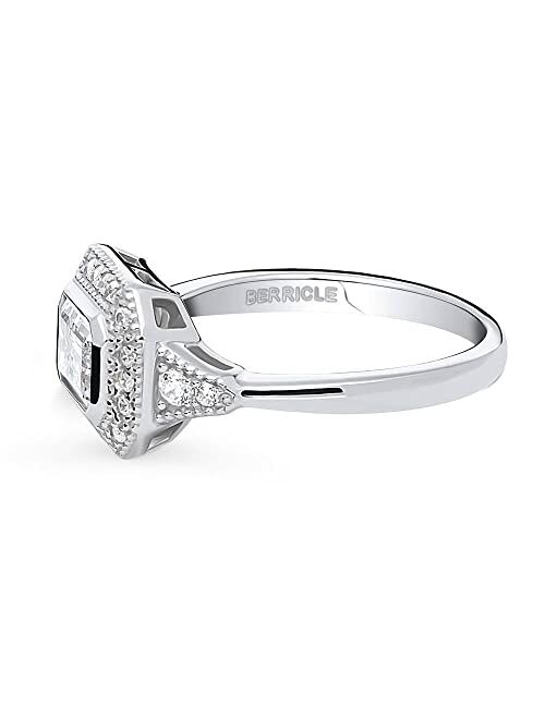 BERRICLE Sterling Silver Halo Wedding Engagement Rings Emerald Cut Cubic Zirconia CZ East-West Promise Ring for Women, Rhodium Plated Size 4-10