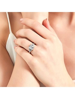 Sterling Silver 3-Stone Wedding Engagement Rings Emerald Cut Cubic Zirconia CZ Anniversary Ring for Women, Rhodium Plated Size 4-10