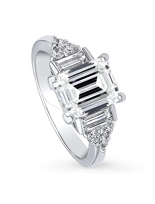 BERRICLE Sterling Silver 3-Stone Wedding Engagement Rings Emerald Cut Cubic Zirconia CZ Anniversary Ring for Women, Rhodium Plated Size 4-10