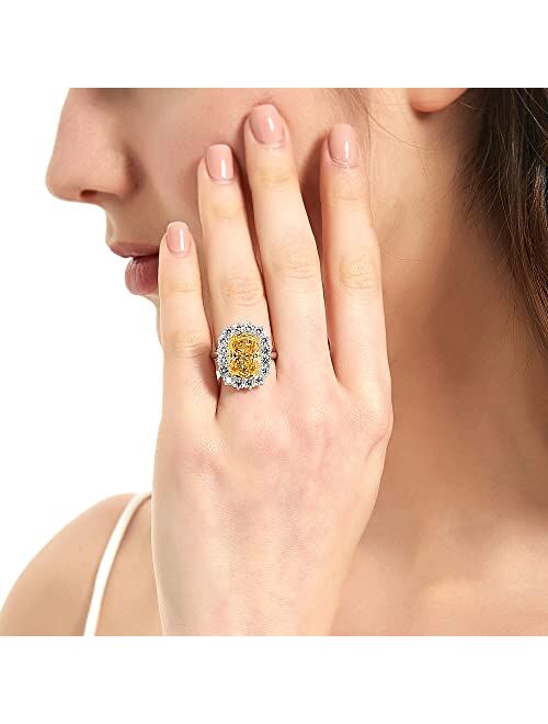 BERRICLE Sterling Silver Halo Yellow Cushion Cut Cubic Zirconia CZ Statement Cocktail Fashion Ring for Women, Rhodium Plated Size 4-10