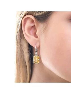 Sterling Silver Solitaire Canary Yellow Cushion Cut Cubic Zirconia CZ Statement Leverback Anniversary Dangle Drop Earrings for Women, Rhodium Plated 18 Carat