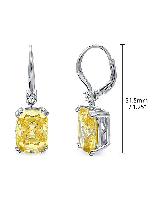 BERRICLE Sterling Silver Solitaire Canary Yellow Cushion Cut Cubic Zirconia CZ Statement Leverback Anniversary Dangle Drop Earrings for Women, Rhodium Plated 18 Carat