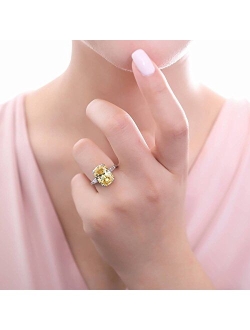 Sterling Silver 3-Stone Canary Yellow Cushion Cut Cubic Zirconia CZ Statement Cocktail Fashion Anniversary Ring for Women, Rhodium Plated Size 4-10