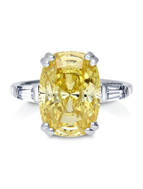 BERRICLE Sterling Silver 3-Stone Canary Yellow Cushion Cut Cubic Zirconia CZ Statement Cocktail Fashion Anniversary Ring for Women, Rhodium Plated Size 4-10