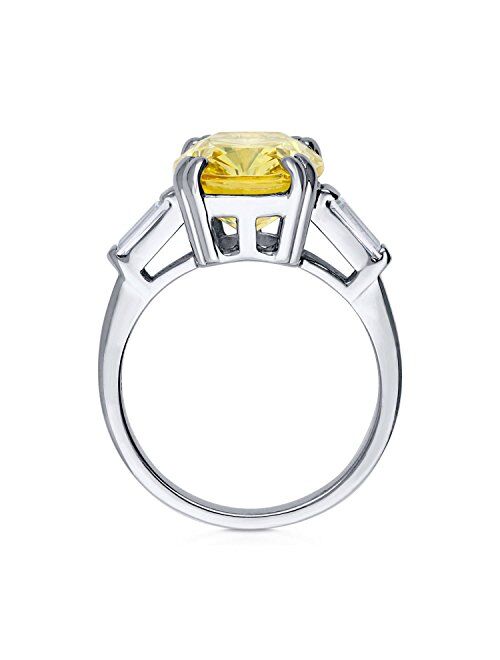 BERRICLE Sterling Silver 3-Stone Canary Yellow Cushion Cut Cubic Zirconia CZ Statement Cocktail Fashion Anniversary Ring for Women, Rhodium Plated Size 4-10