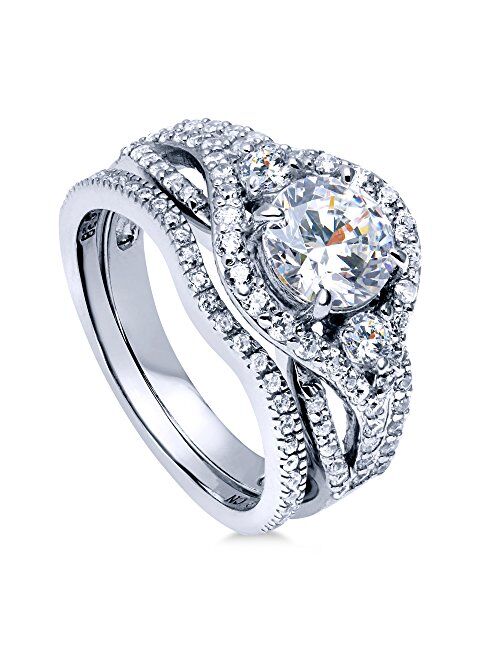BERRICLE Sterling Silver 3-Stone Wedding Engagement Rings Round Cubic Zirconia CZ Anniversary Ring Set for Women, Rhodium Plated Size 4-10