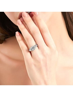 Sterling Silver 3-Stone Wedding Engagement Rings Cushion Cut Cubic Zirconia CZ Halo Split Shank Ring for Women, Rhodium Plated Size 4-10
