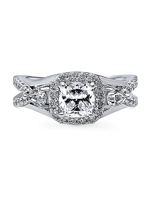 BERRICLE Sterling Silver 3-Stone Wedding Engagement Rings Cushion Cut Cubic Zirconia CZ Halo Split Shank Ring for Women, Rhodium Plated Size 4-10
