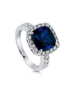 Sterling Silver Halo Simulated Blue Sapphire Cushion Cut Cubic Zirconia CZ Statement Cocktail Fashion Ring for Women, Rhodium Plated Size 4-10