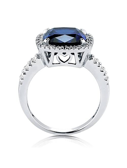 BERRICLE Sterling Silver Halo Simulated Blue Sapphire Cushion Cut Cubic Zirconia CZ Statement Cocktail Fashion Ring for Women, Rhodium Plated Size 4-10