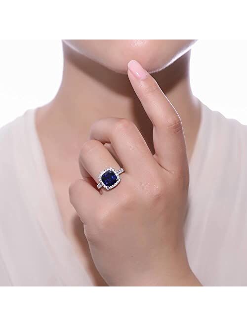 BERRICLE Sterling Silver Halo Simulated Blue Sapphire Cushion Cut Cubic Zirconia CZ Statement Cocktail Fashion Ring for Women, Rhodium Plated Size 4-10