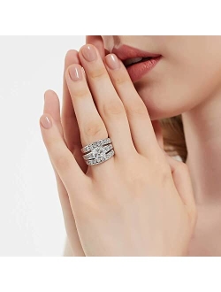 Sterling Silver Solitaire Wedding Engagement Rings 3 Carat Cushion Cut Cubic Zirconia CZ Ring Set for Women, Rhodium Plated Size 4-10