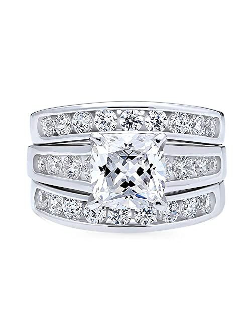 BERRICLE Sterling Silver Solitaire Wedding Engagement Rings 3 Carat Cushion Cut Cubic Zirconia CZ Ring Set for Women, Rhodium Plated Size 4-10
